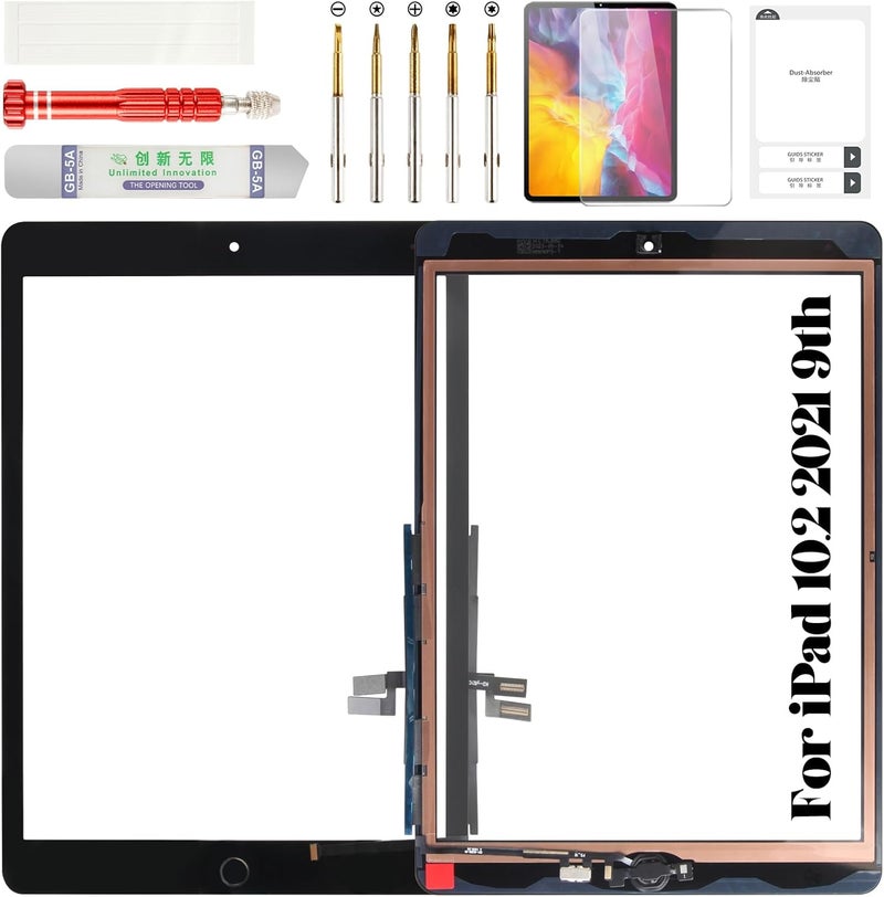 BEXUPULL استبدال شاشة iPad 10.2 2021 لجهاز iPad 9 الجيل 9 2021 مجموعة إصلاح لشاشة اللمس A2602 A2603 A2604 A2605 مع زر الصفحة الرئيسية باللون الأسود (بدون LCD) - Image 1
